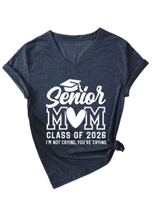 Detail of dark blue V-neck T-shirt featuring Senior MOM 2026 print and stylish side knot