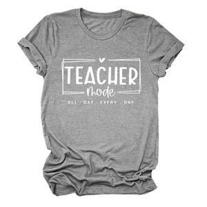 Close-up of Heather Grey T-shirt featuring TEACHER mode ALL DAY EVERY DAY text print