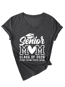 Detail of grey V-neck Senior Mom Class of 2026 T-shirt with stylish front knot detail