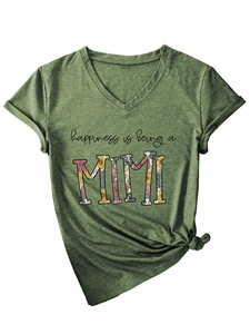 Detail of V-neck olive green T-shirt with rolled sleeves and MIMI floral print
