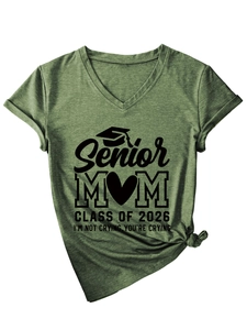 Detail of army green V-neck T-shirt with knot hem and Senior Mom 2026 print
