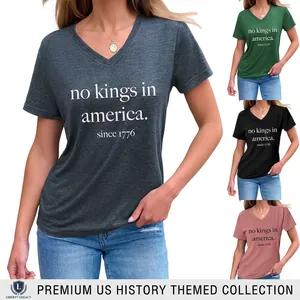 T-Shirt À Col En V Pour Femmes Mélange De Coton No Kings In America Since 1776 Imprimé Lettres Haut Décontracté À Manches Courtes