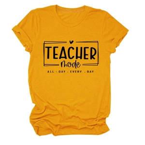 Detail of rolled sleeves and TEACHER MODE print on ginger crew neck t-shirt