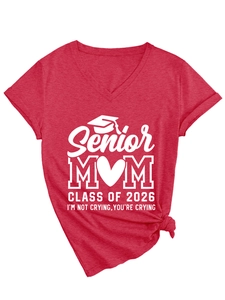 Detail of red V-neck T-shirt with Senior Mom 2026 print and side knot stylish hem