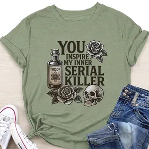 Women Gothic Skull Rose Poison Bottle Letter Print Cotton Blend Casual Loose Short Sleeve Crew Neck T-Shirt Top