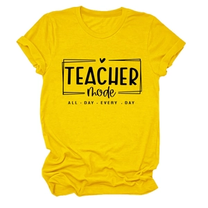 Detail of yellow Teacher Mode cotton t-shirt with rolled sleeves and slogan print