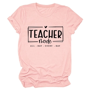 Pink Teacher Mode short sleeve cotton t-shirt with black letter print on white background