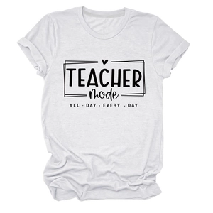 Flat lay of white cotton T-shirt featuring TEACHER MODE black graphic print on chest