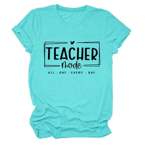 Detail of TEACHER mode graphic print on mint green cotton crewneck t-shirt for women