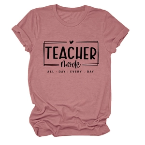 Close-up of Teacher Mode print on mauve cotton blend t-shirt with heart graphic