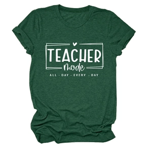 Detail of forest green Teacher Mode t-shirt showing cotton blend texture and white graphic print