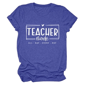 Detail of Teacher Mode slogan print on navy blue short sleeve t-shirt with heart graphic