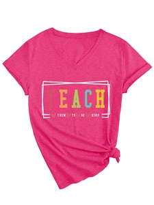 Detail of V-neck magenta t-shirt with Teach Them To Be Kind print and hem knot