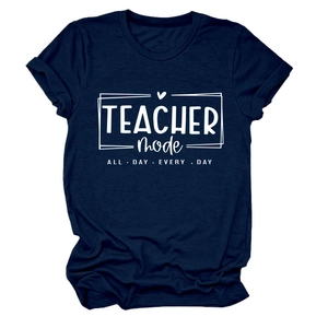 Detail of Teacher Mode All Day Every Day slogan print on navy blue cotton T-shirt