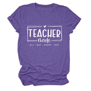 Close-up of purple Teacher Mode cotton blend T-shirt with rolled sleeves on white background