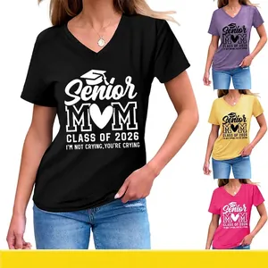 Women Senior Mom Class Of 2026 Graduation V Neck T-Shirt Cotton Blend Short Sleeve Loose Fit Casual Top