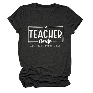 Women's dark grey Teacher Mode t-shirt with heart graphic and casual round neck