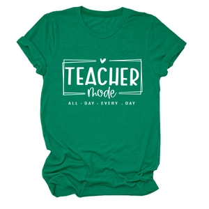 Detail of green Teacher Mode t-shirt showing the white graphic print and cotton fabric texture