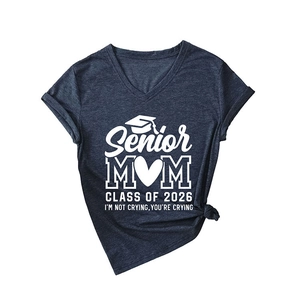 Women's V-neck t-shirt in navy heather featuring Senior Mom Class of 2026 slogan print