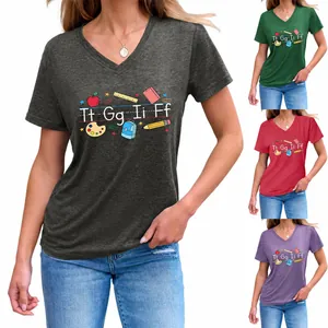 T-Shirt Da Donna Con Scollo A V In Misto Cotone A Maniche Corte Con Stampa Alfabeto Insegnante Top Casual