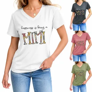 Women V Neck T Shirt Cotton Blend Short Sleeve Happiness Is Being A MIMI Letter Floral Print Casual Tops