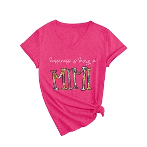 Rose red V-neck T-shirt with Happiness is being a MIMI floral print and knotted hem