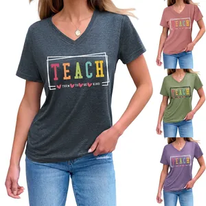 Women V Neck T Shirt Cotton Blend Teach Them To Be Kind Slogan Short Sleeve Casual Colorful Print Heart Graphic Tee