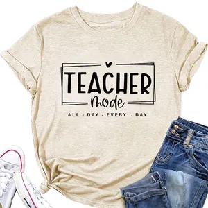 Teacher Mode Graphic T-Shirt Cotton Blend Short Sleeve Crew Neck Casual Letter Print Tee For Women Daily Wear School