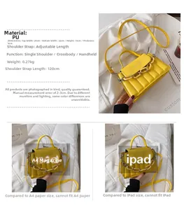Size comparison of yellow quilted PU leather bag with chain strap against A4 paper and iPad