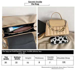 Detailed size guide for fashion handbag with dimensions and cross-body strap length