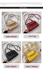 Quilted crossbody bags in khaki, red, black, and yellow with thick chain and strap