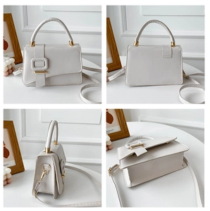 Detailed views of a white minimalist handbag showing front, side, and metal buckle details