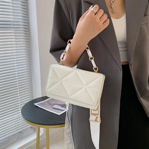 Detail of white geometric quilted crossbody bag with stylish acrylic chain and wide strap