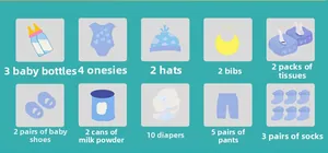 Liste d'icônes montrant l'essentiel pour bébé : biberons, vêtements et couches