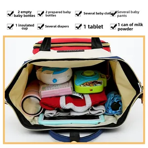 Vue intérieure du sac à langer tricolore montrant sa grande capacité de rangement bébé