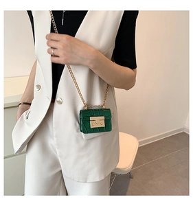 Detail of dark green crocodile texture mini bag with gold chain and metal handle