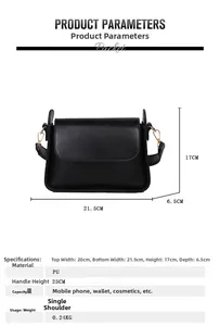 Size chart showing 21.5cm black PU leather baguette bag dimensions and shoulder strap height