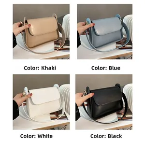 Minimalist square flap bag shown in khaki, blue, white, and black matte leather options