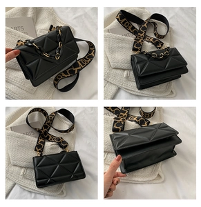 Detailed four-way view of a black quilted crossbody bag with gold chain and wide strap