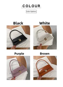 Detailed view of four crocodile pattern shoulder bags in black, white, purple and brown