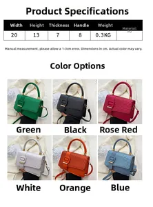 Detaillierte Größentabelle und Farbpalette für PU-Lederhandtaschen mit Krokoprägung
