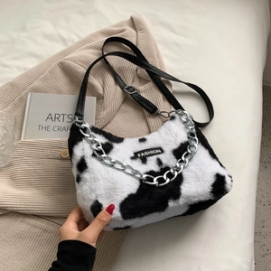 Sac À Épaule En Peluche Pour Femmes Fourrure Synthétique Fourre-tout Imprimé Vache Léopard Avec Chaîne En Métal Mode Hiver