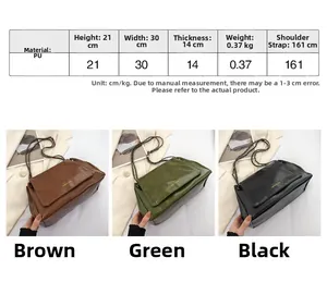 Size chart showing dimensions for large PU leather tote bag in brown, green, and black