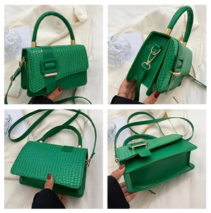 Detailansicht der grünen Krokodil-Handtasche mit goldener Hardware und Klappverschluss