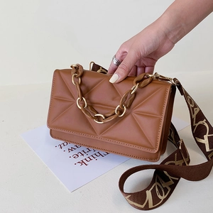 Brown geometric quilted square handbag with chain handle and branded wide strap