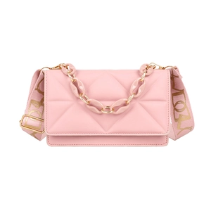 Pink quilted crossbody bag with chunky plastic chain handle and wide printed strap