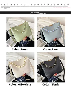 Detail view of small crossbody bucket bags in green blue white and black with chain