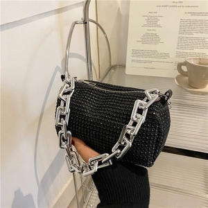 Sac Polochon Cylindrique À Strass Brillants Avec Grosse Chaîne Argentée Sac À Bandoulière Main Pour Femme Fête Mode Y2K