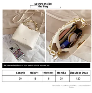 Detailed size chart for white chain bucket bag showing 20x18x8cm dimensions and strap length