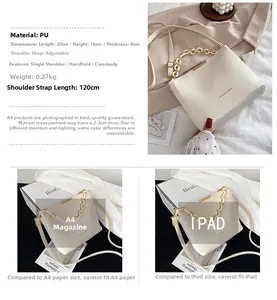 Detail view of white PU leather bucket bag with chain handle and adjustable strap